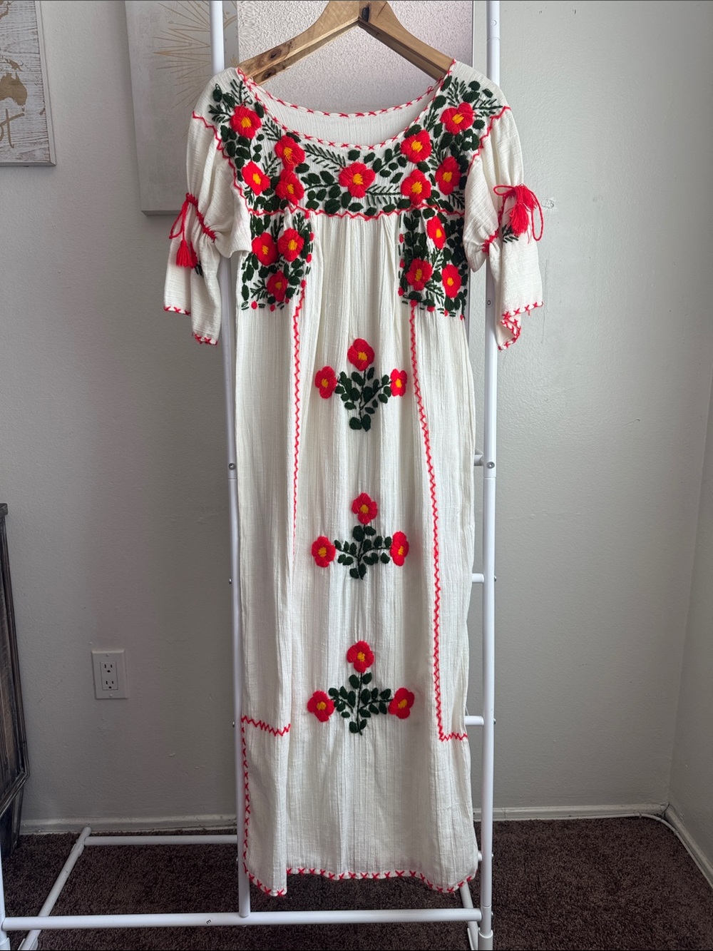 Rare Vintage White Huipil Dress Embroidered Orange Floral Accents
